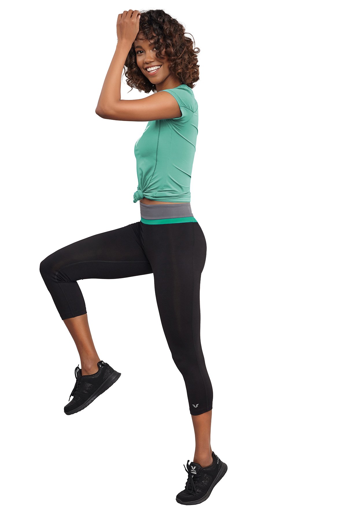Kadın Siyah-Yeşil Yüksek Bel 3/4 Kısa Sporcu Toparlayıcı Tayt 7118
