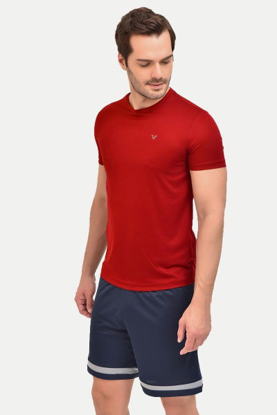 Erkek Kırmızı Bisiklet Yaka Antrenman Spor ve Günlük Fit Tişört 1332