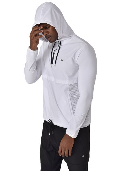 Erkek Beyaz Kapüşonlu Kanguru Cepli File Detaylı İnce Sweatshirt 1613