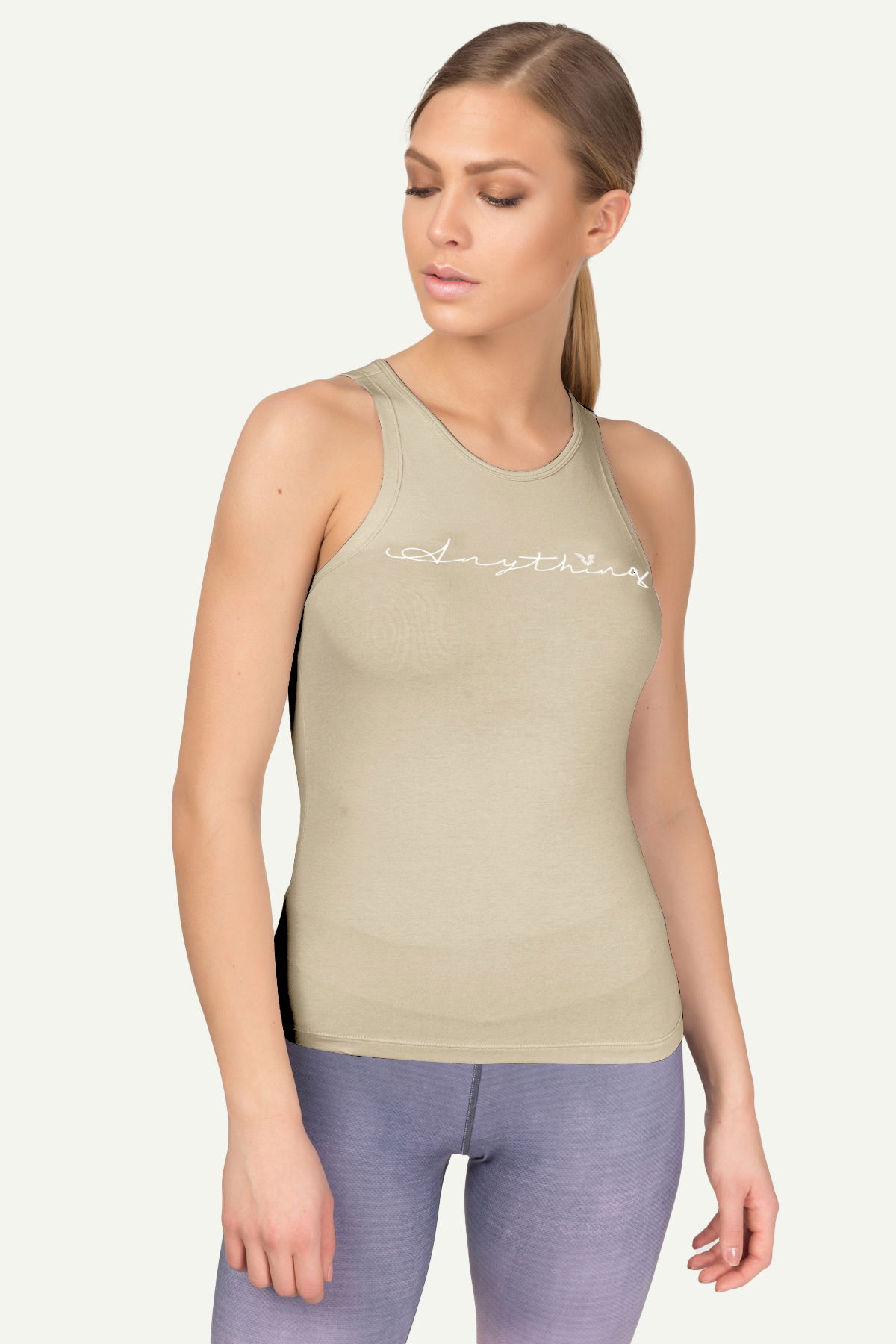 Kadın Bej Bisiklet Yaka Yazı Baskılı Pamuklu Yoga Atleti | 4018 - BİLCEE (1)