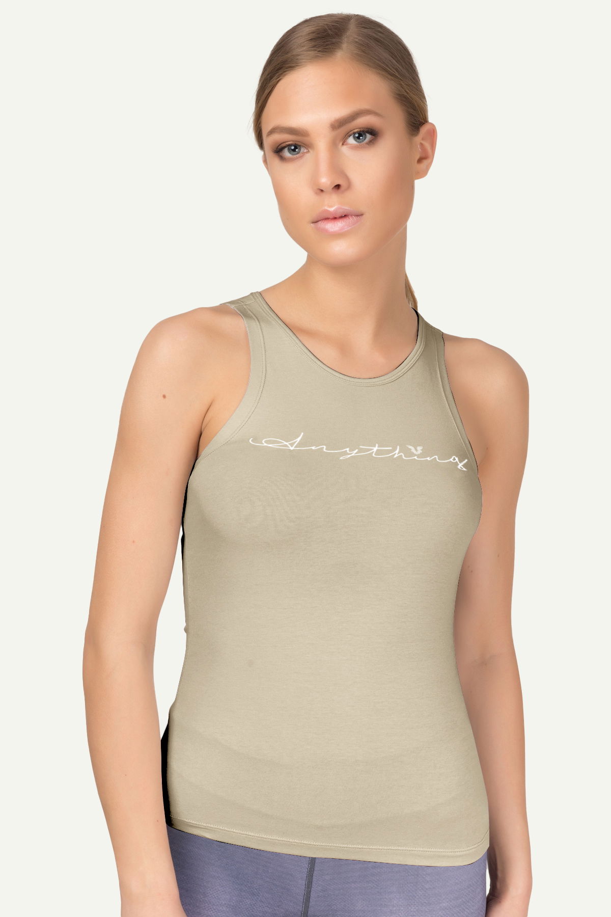 Kadın Bej Bisiklet Yaka Yazı Baskılı Pamuklu Yoga Atleti | 4018 - BİLCEE