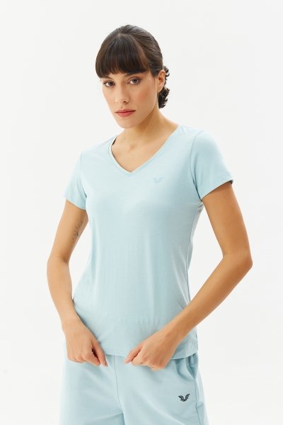 Kadın Mavi V Yaka Basic Tişört 8087