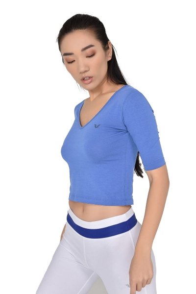 BİLCEE - Kadın Mavi V Yaka Sırt Detaylı Yarım Kol Pamuklu Yoga Tişört 8105 (1)