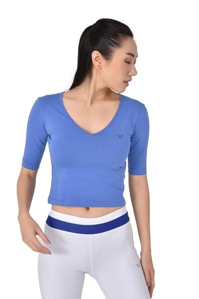 BİLCEE - Kadın Mavi V Yaka Sırt Detaylı Yarım Kol Pamuklu Yoga Tişört 8105