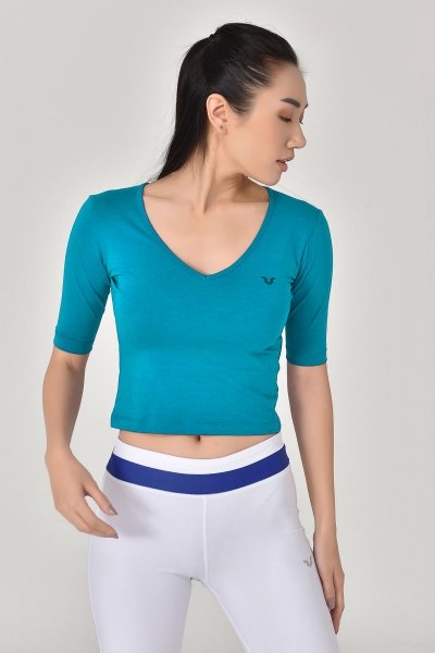 Kadın Mavi V Yaka Sırt Detaylı Yarım Kol Pamuklu Yoga Spor Tişört 8105 