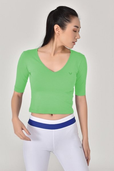 Kadın Yeşil V Yaka Sırt Detaylı Yarım Kol Pamuklu Yoga Spor Tişört 8105