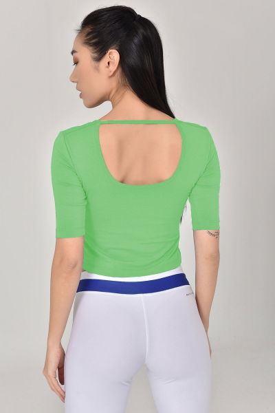 Kadın Yeşil V Yaka Sırt Detaylı Yarım Kol Pamuklu Yoga Spor Tişört 8105