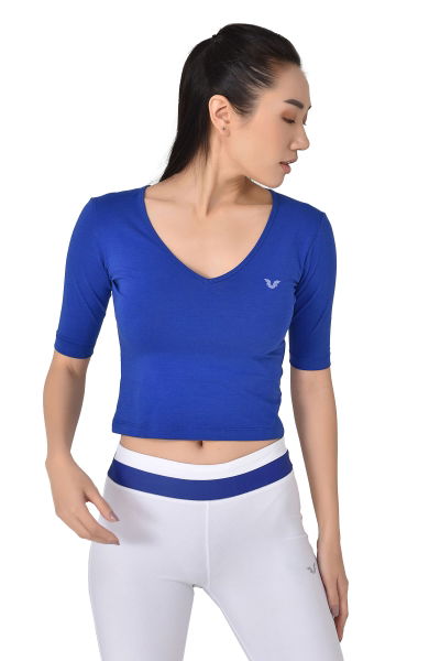 BİLCEE - Kadın Mavi V Yaka Sırt Detaylı Yarım Kol Pamuklu Yoga Tişört 8105