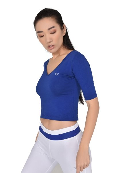 BİLCEE - Kadın Mavi V Yaka Sırt Detaylı Yarım Kol Pamuklu Yoga Tişört 8105 (1)