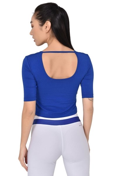 Kadın Mavi V Yaka Sırt Detaylı Yarım Kol Pamuklu Yoga Tişört 8105