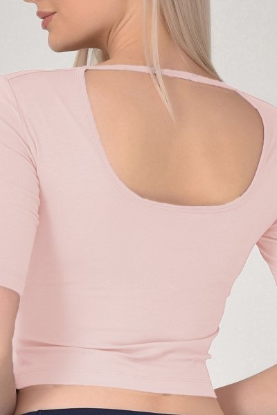 BİLCEE - Kadın Pembe V Yaka Sırt Detaylı Yarım Kol Pamuklu Yoga Tişört 8105 (1)