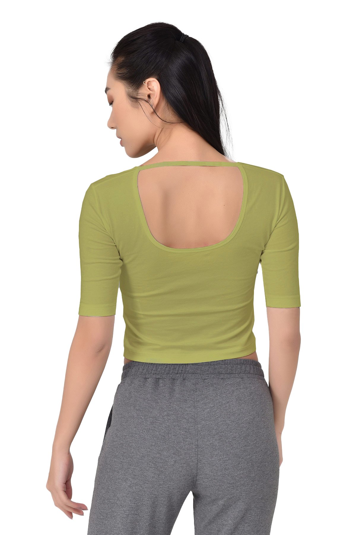 Açık Yeşil Kadın V Yaka Sırt Detaylı Yarım Kol Pamuklu Yoga Spor Tişört 8105 - 2