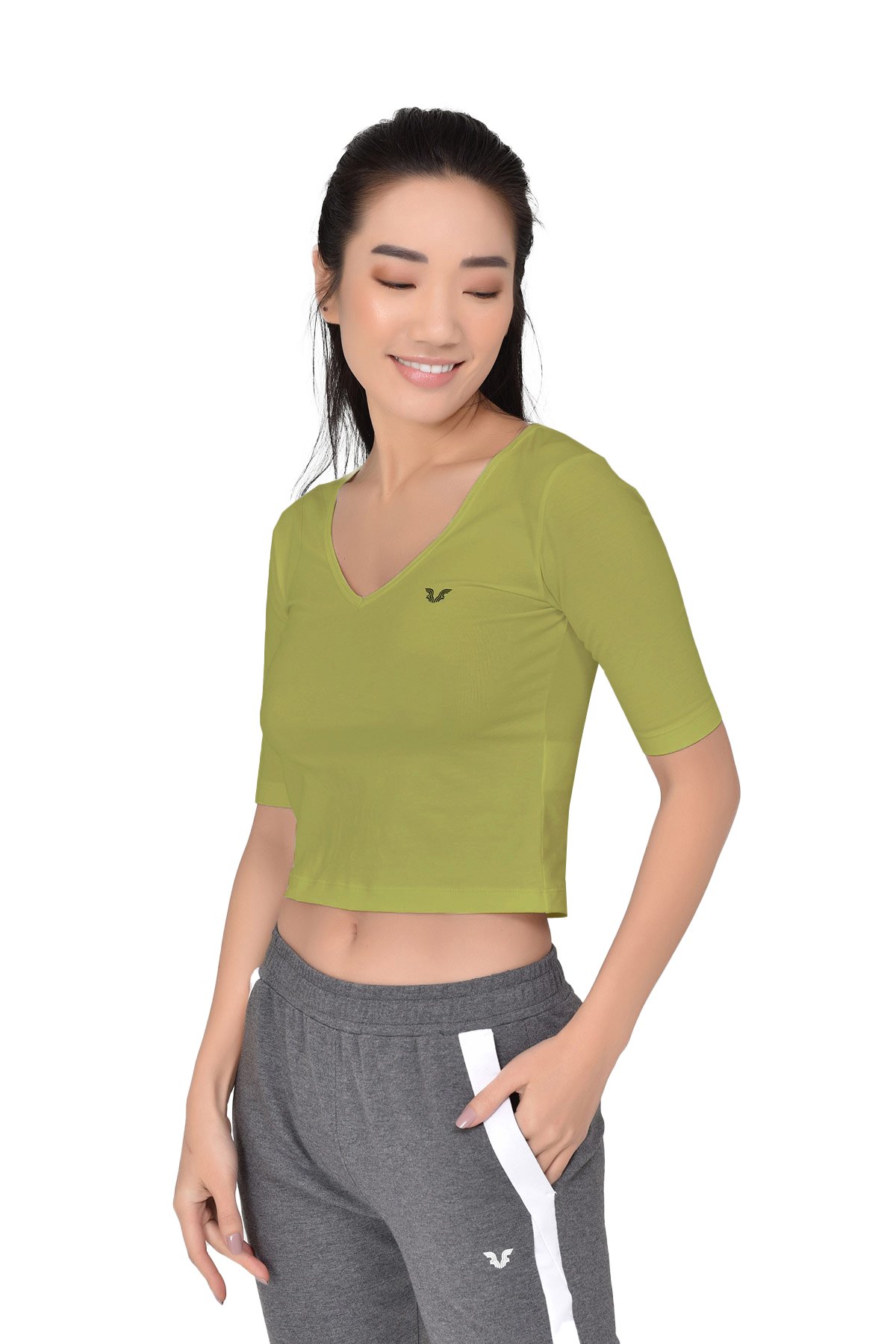 Açık Yeşil Kadın V Yaka Sırt Detaylı Yarım Kol Pamuklu Yoga Spor Tişört 8105 - 3