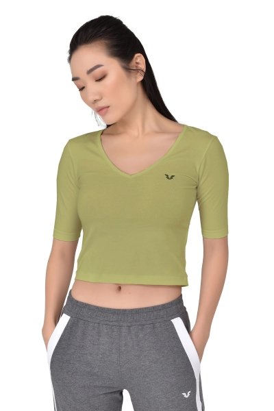 BİLCEE - Kadın Yeşil V Yaka Sırt Detaylı Yarım Kol Pamuklu Yoga Tişört 8105