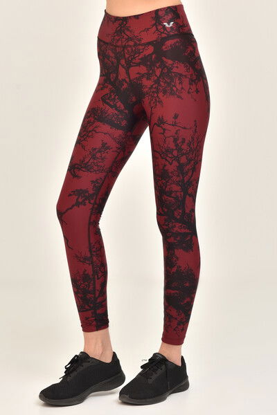 Kadın Bordo Yüksek Bel Desenli Esnek ve Toparlayıcı Spor Tayt 8121 