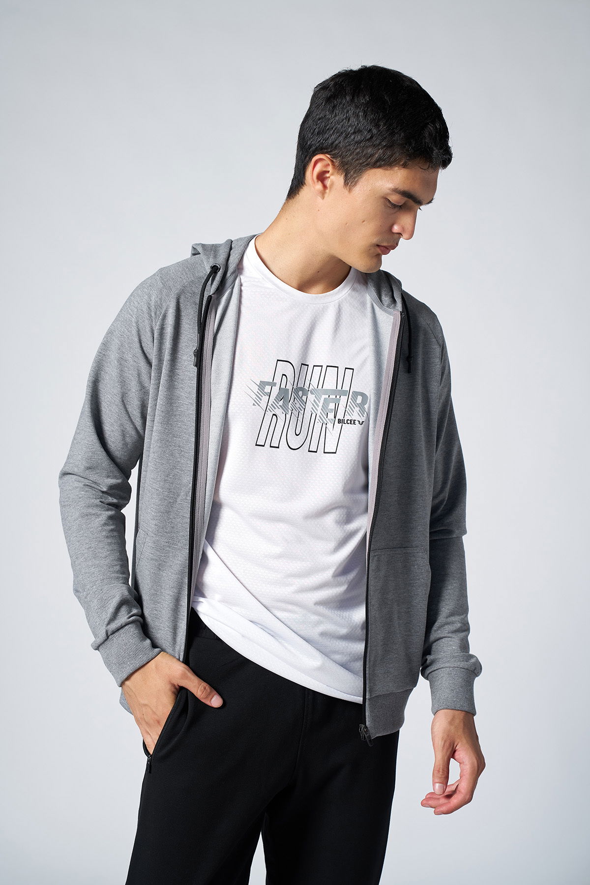Erkek Gri Kapüşonlu Kanguru Cepli Fermuarlı Spor Alt Üst Eşofman Takımı | 8241 - BİLCEE (1)