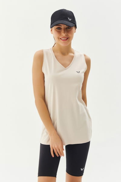 Kadın Krem Antrenman V Yaka Arkası Uzun Rahat Kalıp Spor ve Günlük Atlet 8621 
