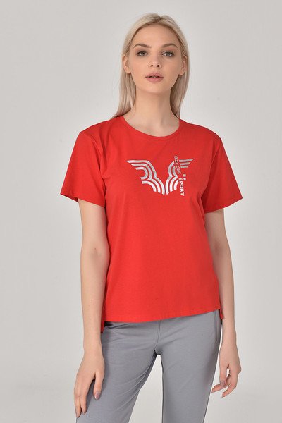 Kadın Kırmızı Arkası Uzun Kısa Kollu Baskı Detaylı Tişört 8623