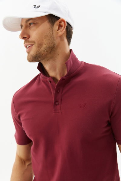 Erkek Bordo Pamuklu Basic Düğmeli Polo Yaka Tişört | 8982 