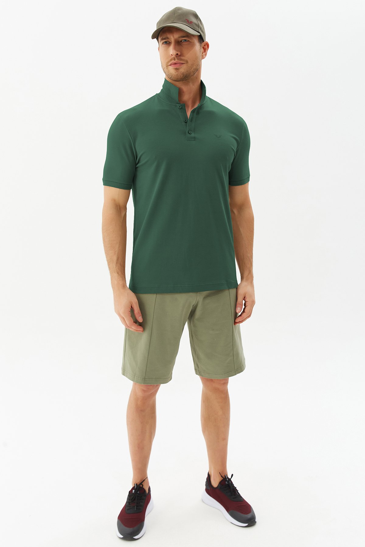Erkek Yeşil Likralı Pamuklu Spor ve Günlük Polo Yaka Tişört 8982