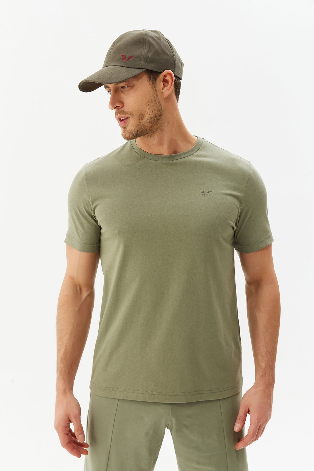 Erkek Yeşil Bisiklet Yaka %100 Pamuk Basic Günlük ve Spor Tişört 8766 - BİLCEE