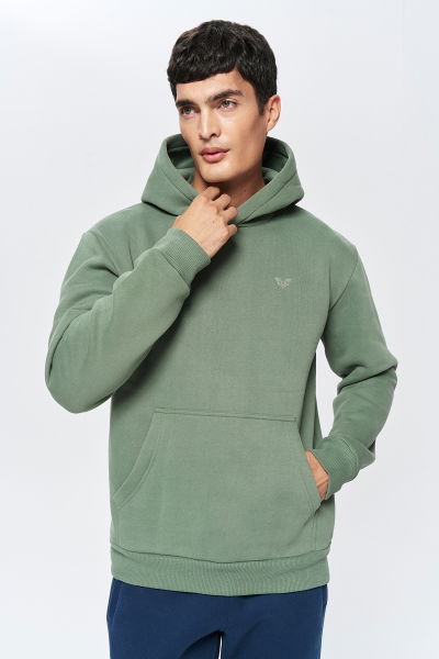 Erkek Yeşil 3 İplik Şardonlu Fleece Yumuşak Fırçalı Kapişonlu Owersize Sweatshirt 9799 