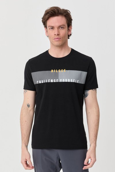 Erkek Siyah Baskılı Likralı Pamuklu Tişört 1400 