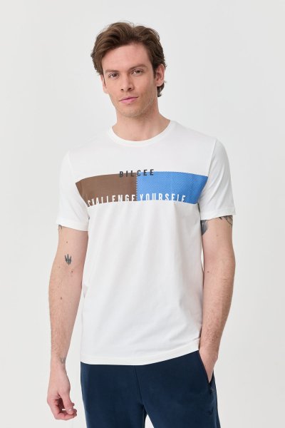 Erkek Beyaz Baskılı Likralı Pamuklu Tişört 1400 