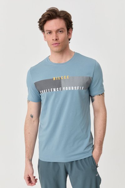 Erkek Mavi Baskılı Likralı Pamuklu Tişört 1400 
