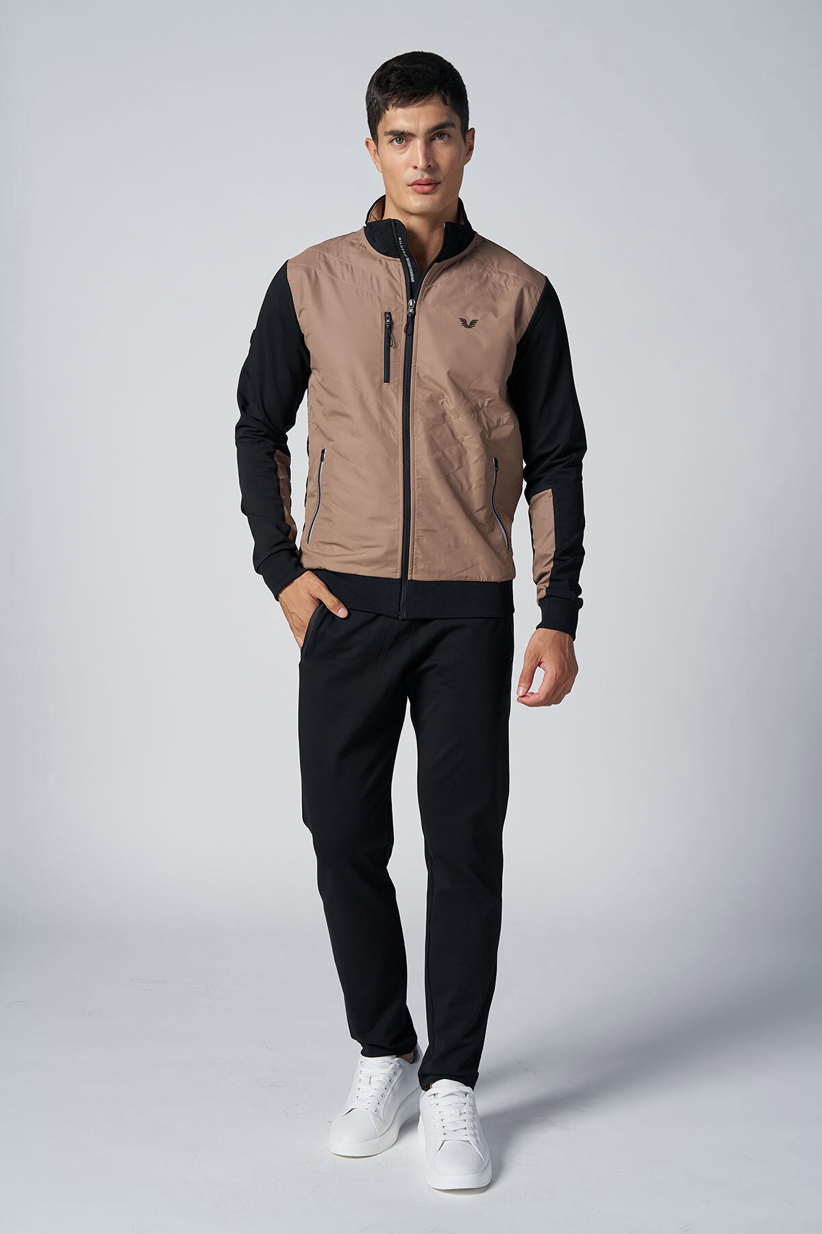 Erkek Kahve Dik Yaka Dokumalı Örme Eşofman Takım | 1572 - BİLCEE