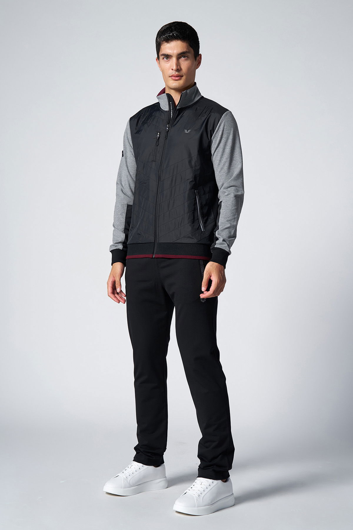 Erkek Koyu Gri Melanj Dik Yaka Dokumalı Örme Eşofman Takım | 1572 - BİLCEE