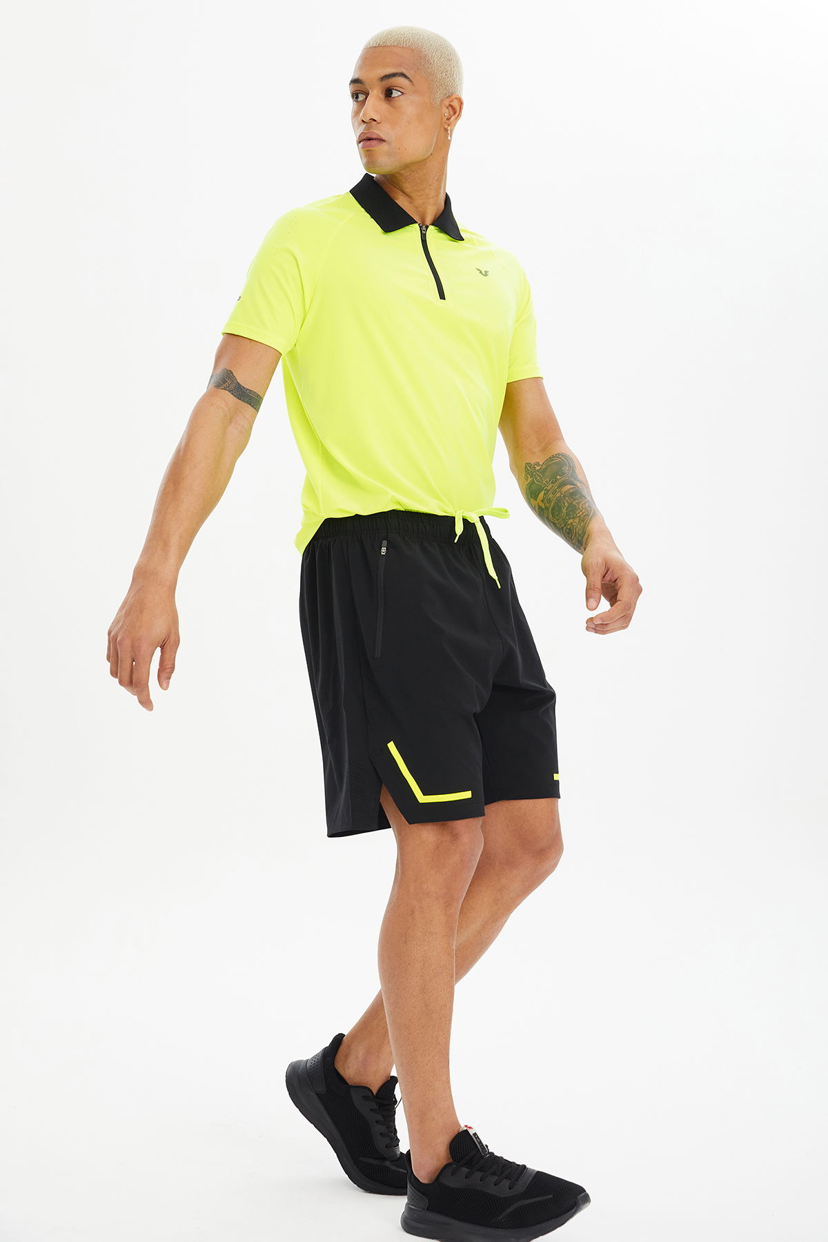 Erkek Siyah Fosfor Yırtmaç Paça Fermuar Cepli İnce Dokuma Kumaşlı Antrenman Şort | 0699 - BİLCEE (1)