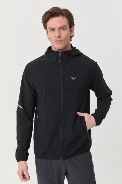 Erkek Siyah Kapüşonlu Antrenman Koşu Fermuarlı Eşofman Üstü Spor Ceket | 0727 