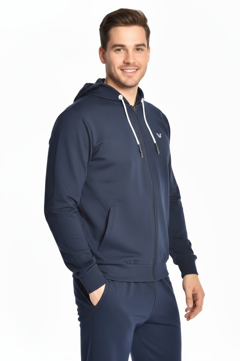 Erkek Lacivert Kapüşonlu Cebi Fermuarlı Spor Alt Üst Eşofman Takımı | 8769 - BİLCEE