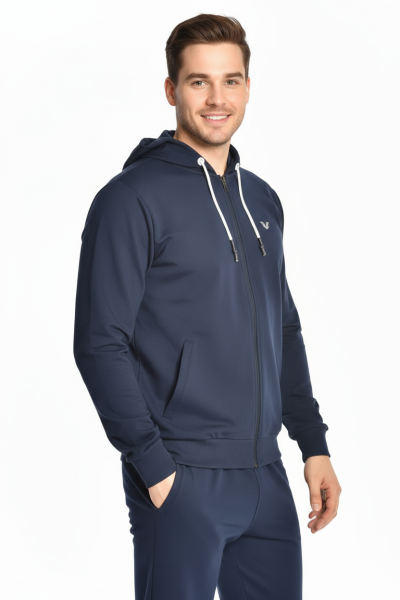 Erkek Lacivert Kapüşonlu Cebi Fermuarlı Spor Alt Üst Eşofman Takımı | 8769 