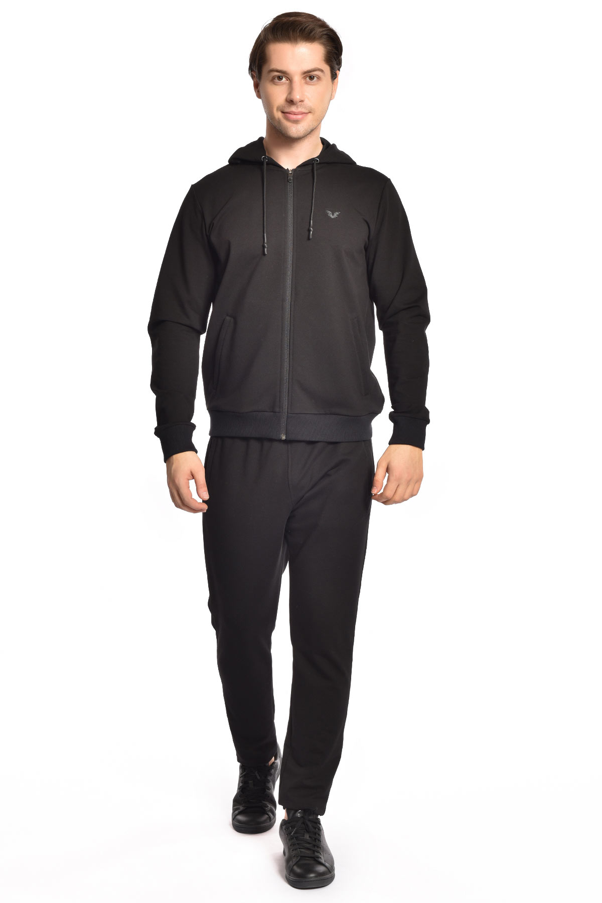Erkek Siyah Kapüşonlu Cebi Fermuarlı Spor Alt Üst Eşofman Takımı | 8769 - BİLCEE