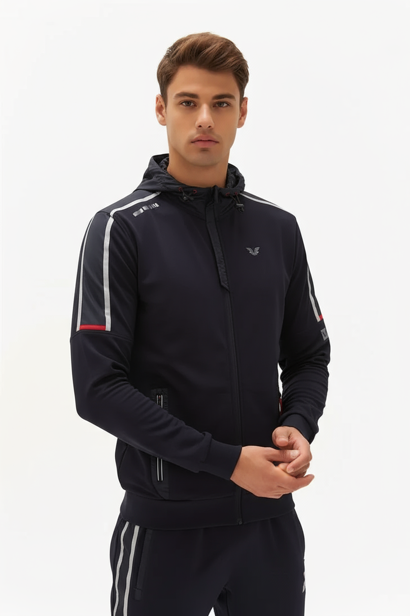 Erkek Koyu Lacivert Kapüşonlu Çizgi Detaylı Eşofman Takım 0180 - BİLCEE