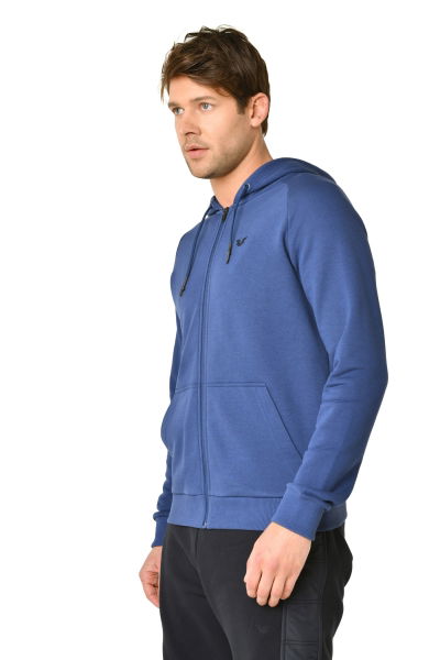 Erkek Mavi Kapüşonlu Fermuarlı Kanguru Cepli Sweatshirt 9336