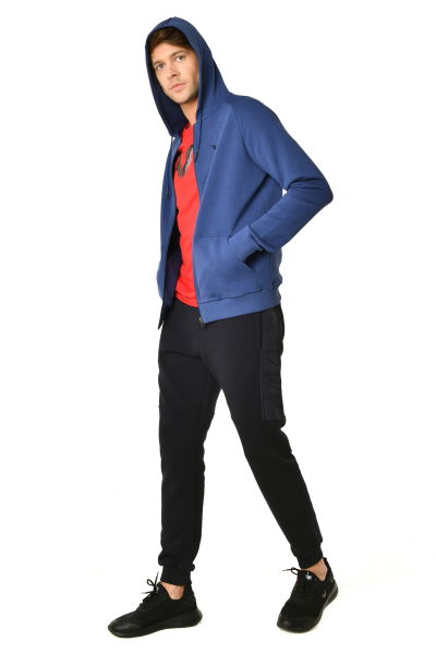 Erkek Mavi Kapüşonlu Fermuarlı Kanguru Cepli Sweatshirt 9336