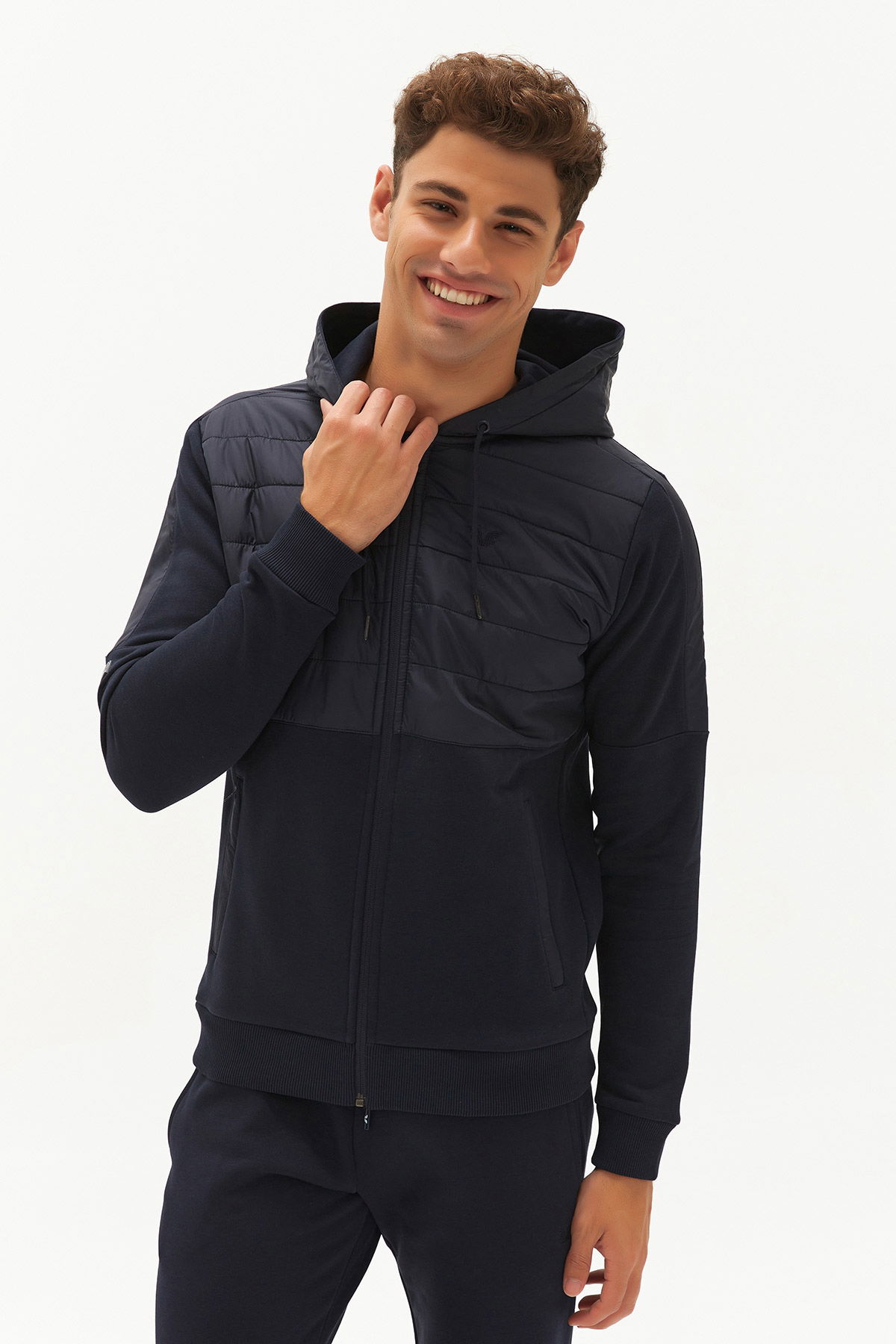 Erkek Koyu Lacivert Kapüşonlu Kışlık Fermuarlı Eşofman Üstü | 0372 - BİLCEE