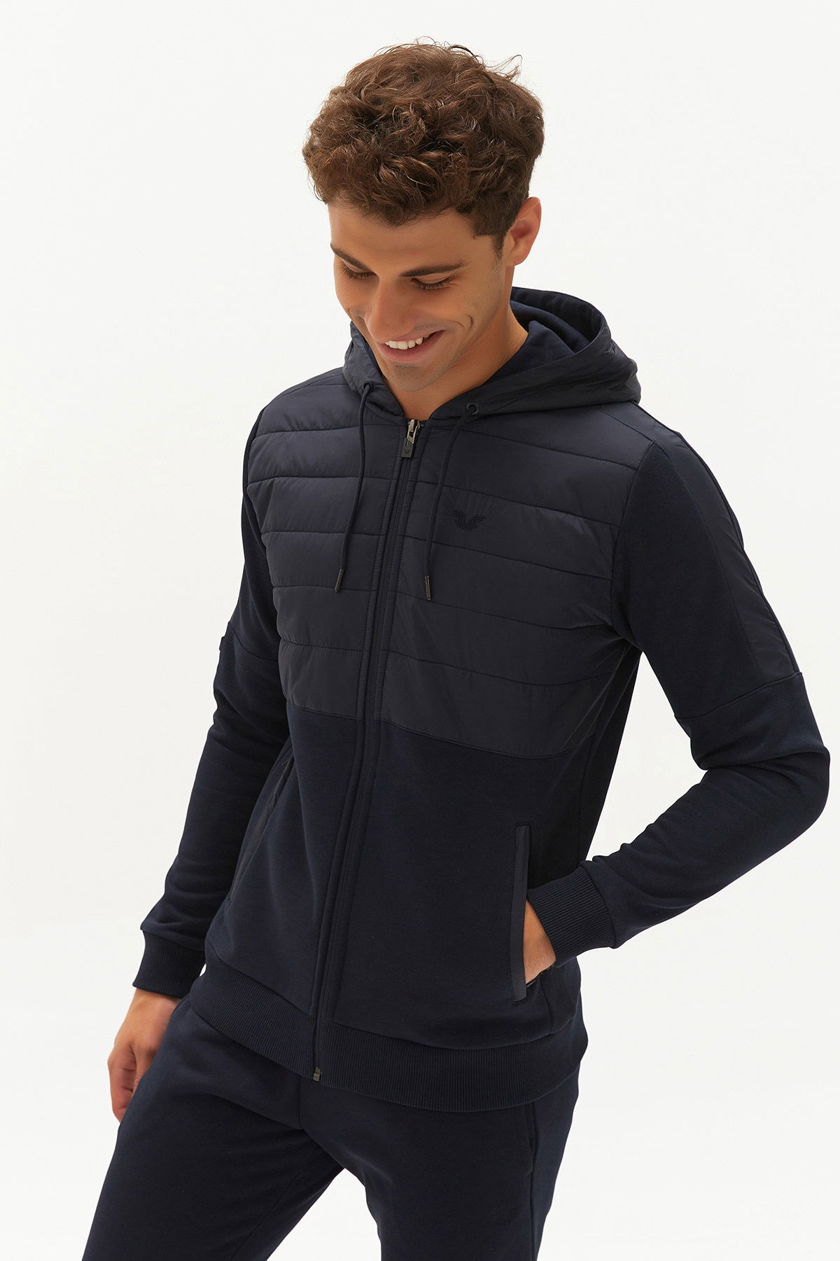 Erkek Koyu Lacivert Kapüşonlu Kışlık Fermuarlı Eşofman Üstü | 0372 - BİLCEE (1)