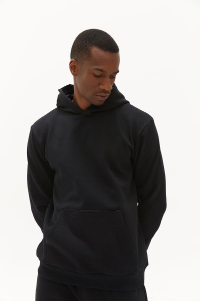 Erkek Siyah İçi Polarlı Kapüşonlu Kalın Kışlık Oversize Spor Düz Sweatshirt 408