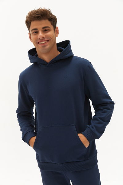 Erkek Lacivert İçi Polarlı Kapüşonlu Kalın Kışlık Oversize Spor Düz Sweatshirt 0408