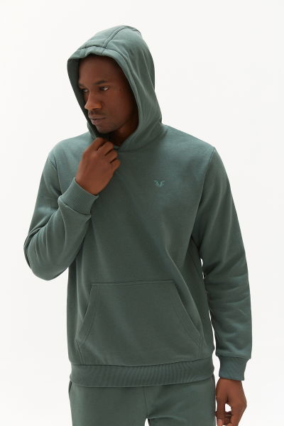 Erkek Yeşil İçi Polarlı Kapüşonlu Kalın Kışlık Oversize Sweatshırt KW-0408