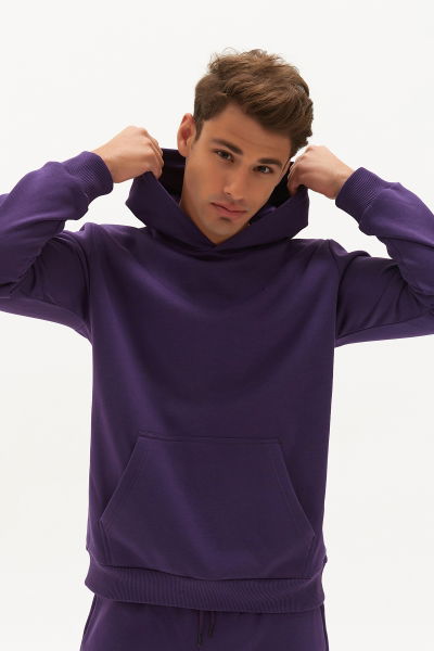 Erkek Mor İçi Polarlı Kapüşonlu Kalın Kışlık Oversize Spor Düz Sweatshirt 0408