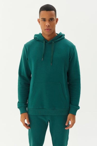 Erkek Yeşil Kapüşonlu Kanguru Cepli Pamuklu Sweatshirt 8755