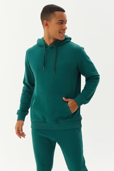 Erkek Yeşil Kapüşonlu Kanguru Cepli Pamuklu Sweatshirt 8755
