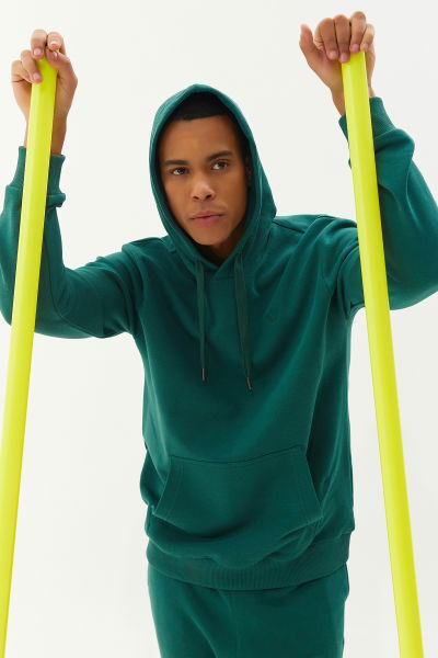 Yeşil Erkek Kapüşonlu Kanguru Cepli Pamuklu Spor Düz Sweatshirt 8755