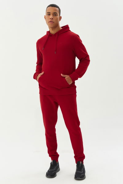 Bordo Erkek Kapüşonlu Kanguru Cepli Pamuklu Spor Düz Sweatshirt 8755