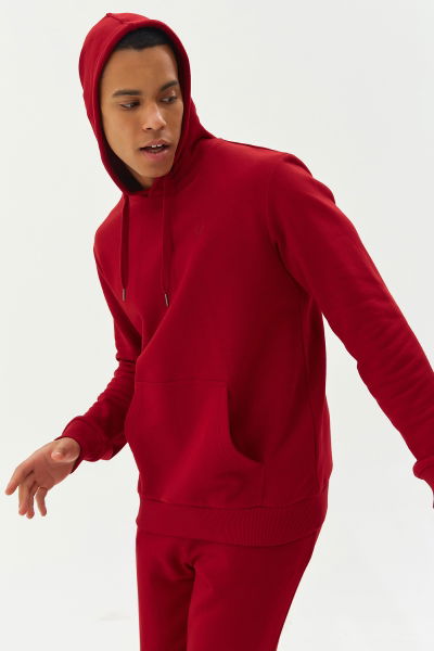 Bordo Erkek Kapüşonlu Kanguru Cepli Pamuklu Spor Düz Sweatshirt 8755